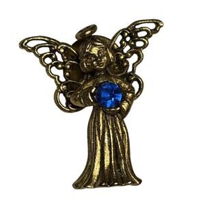 Vintage Gold Tone Angel Brooch Blue Rhinestone Cherub Pin Estate Jewelry